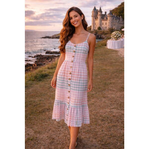 Jopna Pastel Gingham Midi Dress Cottagecore Coastal Picnic Coquette Soft Girl XL
